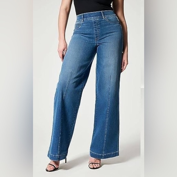 SPANX Sz XL Wide Leg Pull On Jeans Mid Wash Front Seam High Rise Comfort Waist - Picture 2 of 11